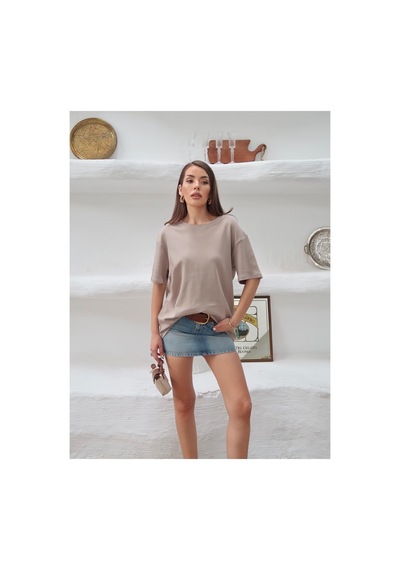 Paw Garage Kadın Mia İnterlok Kumaş Bisiklet Yaka Oversize T-shirt Vizon