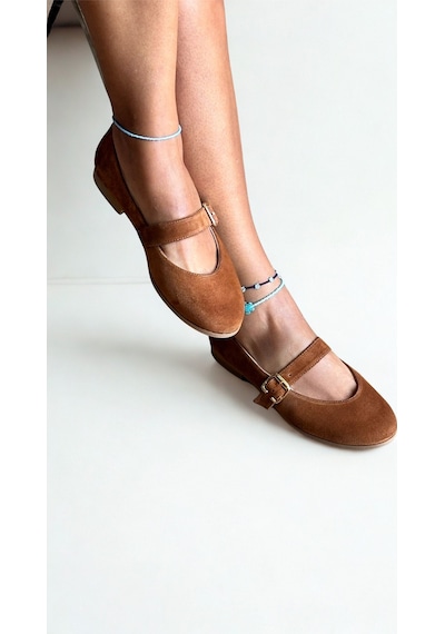 Ne&ve Shoes Taba Süet Hakiki Deri Yuvarlak Burunlu Tokalı Kadın Babet