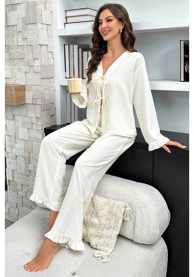 I-moda Kadın Beyaz Önden Bağlamalı Kolu Ve Paçası Fırfır Detaylı Uzun Kollu Pijama Takımı