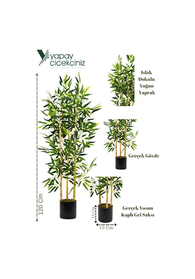Yapay Çiçekçiniz Yapay Yoğun Yapraklı Dekoratif Bambu Ağacı 3 Gövde 120cm