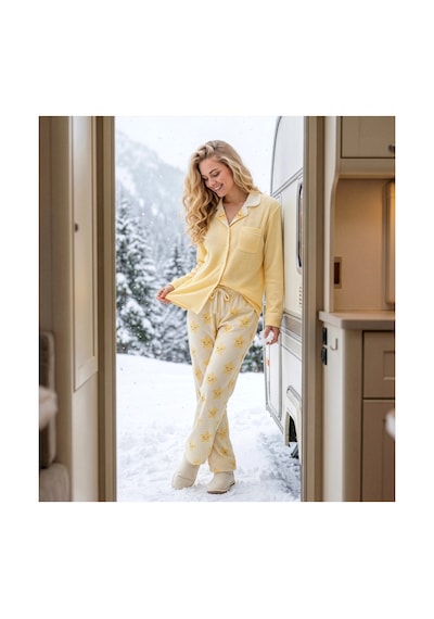 Pijamoni Kadın Waffle Kumaş Göğüs Cepli Uzun Kollu Pijama Takımı Sarı
