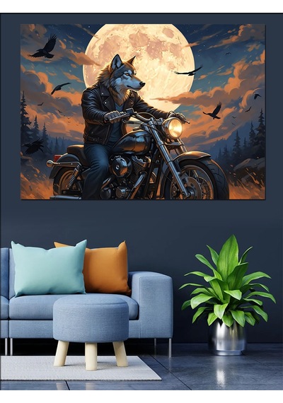 Ahşap Tablo Gece Yolunda Motosikletli Kurt Sürücü