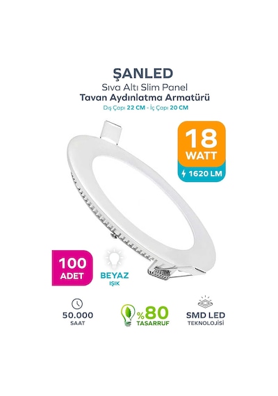 18w Tasarruflu Led Yuvarlak Beyaz/gün Işık Sıva Altı Slim Panel Tavan Aydınlatma Armatürü Beyaz-100 Adet Çok Renkli
