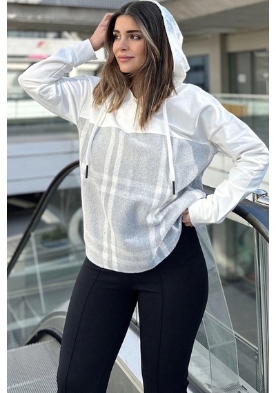 Kadın Ekru & Gri Ekose Garnili, Rahat Kesim, Kapüşonlu İki İplik Sweatshirt Gri