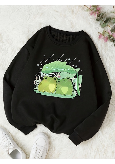 Uyguntarz Unisex Sevimli Kurbagalar Baskılı Oversize Sweatshirt siyah