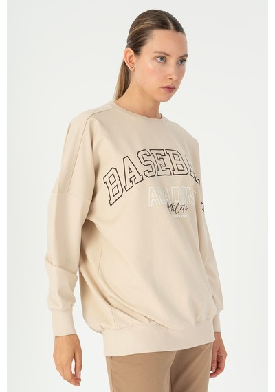 Maraton Oversize Kadın Bisiklet Yaka Bej- Sweatshirt Bej-