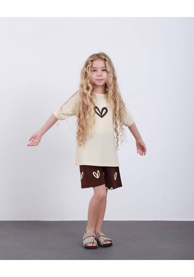 Miniko Kids Kız Çocuk Kalp Modelli Pamul Şortlu Takım Ekru
