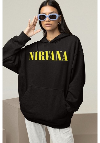 Sevbano Nirvana Yazılı Unisex Oversize Tasarım Hoodie Siyah