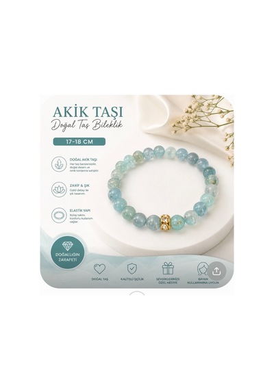Akik Taşı Doğal Taş Bileklik 17-18 Cm Mavi Mavi
