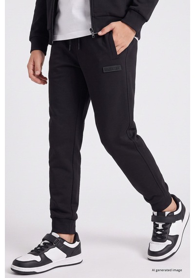 TOMMYLIFE Siyah Standart Fit Basic Dik Yaka Jogger Erkek Çocuk Eşofman Takım - 11327