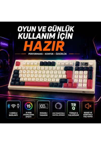 Lecoo Gk690 Kablosuz 3 Modlu 96 Tuşlu Rgb Gasket Membran Türkçe Q Oyuncu Klavyesi Beyaz Lacivert