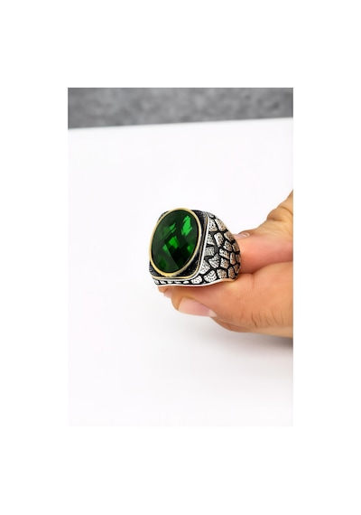 925 Ayar Gümüş Karartmalı Oval Yeşil Taşlı Erkek Yüzük-8504 Gümüş
