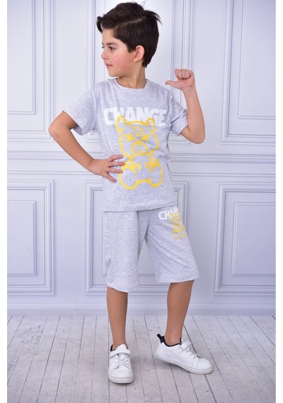 Veramoni Unisex Change Baskılı Çocuk Kısa Kol Yazlık Beli Lastikli Cepli Şort Alt Üst Takım Gri