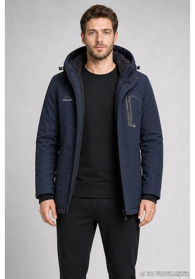 Freemen Erkek Kapüşonlu İçi Kürklü Su Ve Rüzgar Geçirmez Outdoor Softshell Mont-414 Lacivert