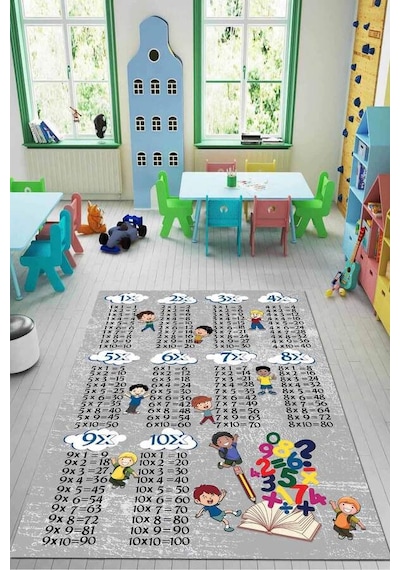 Gri Kaymaz Tabanlı Çarpım Tablolu Eğitici Çocuk Halısı Kd124n11