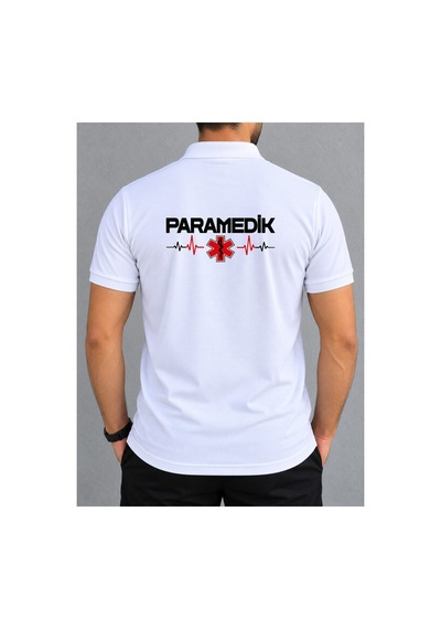 Paramedik Baskılı Polo Yaka %100 Pamuklu Tişört Beyaz