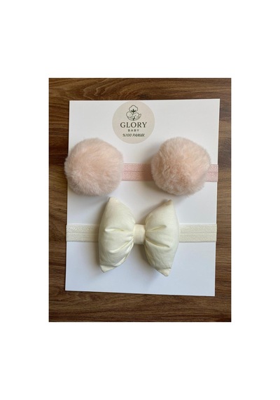 Kız Bebek Fiyonklu & Ponponlu Bandana - Saç Bandı 2'li Set Pembe - Ekru Pembe - Ekru