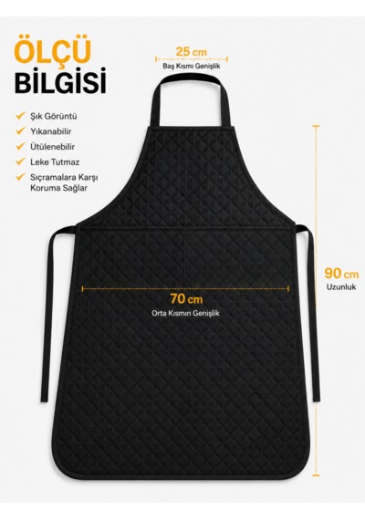 Beylini Kapitone Cepli Mutfak Önlüğü Sıvı Geçirmez Leke Tutmaz Yıkanabilir 2 Geniş Cep Aşçı Yemek Bulaşık Kirlenme Önleyici Önlük Siyah