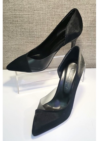 New Angel 853 Kadın Topuklu Şeffaf Detaylı Stiletto Ayakkabı Siyah Saten Siyah