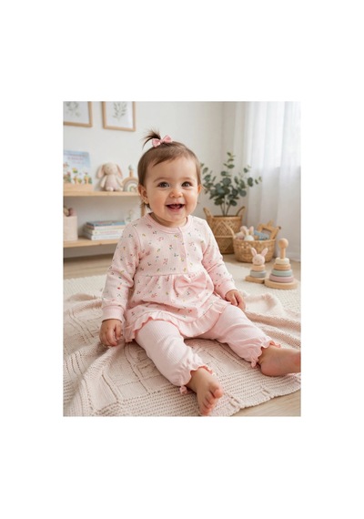 Üç Gül Ticaret Kız Bebek Fiyonklu Çiçek Desenli 2 Li Takım Pembe