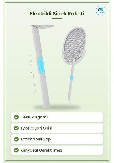 Elektrikli Sinek Öldürücü Raket Type C Şarjlı Katlanabilir Saplı
