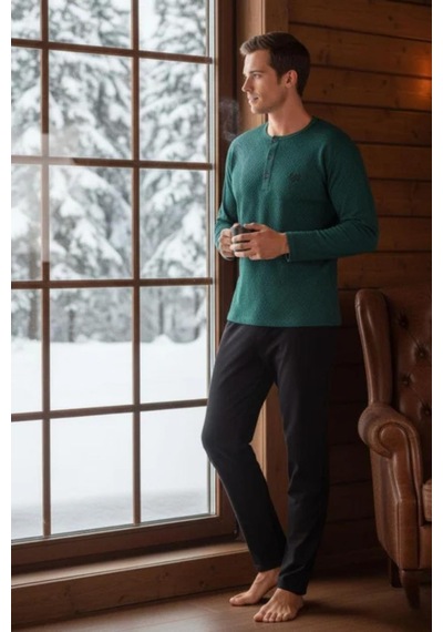 Gd Goldoremi Premium Erkek Pamuklu Uzun Kollu Regular Rahat Kalıp Pijama Takım Yeşil