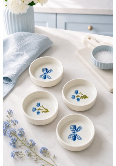 Blue Gift 4 Lü Seramik Kase Seti 10 Cm Çiçek Desenli Çerezlik Ve Sosluk Beyaz