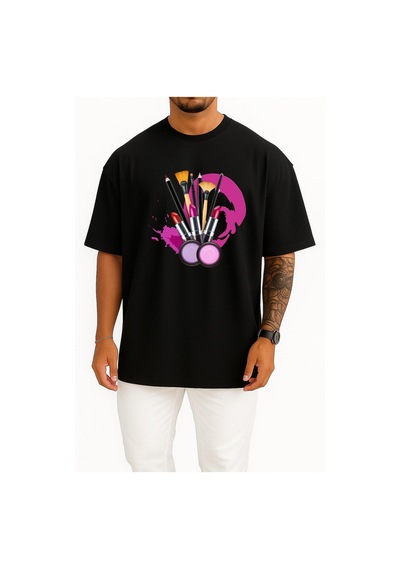 Bahriyeli Collection Oversize Kozmetik Ruj Makyaj Sanatçısı Göğüs Tasarımlı Unisex T-shirt Siyah
