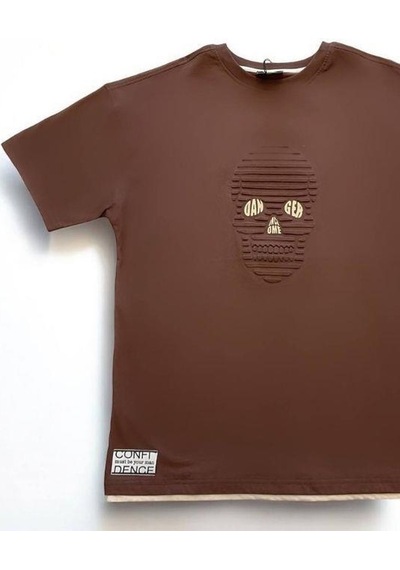 Carinos Çocuk Pamuklu Oversize Kuru Kafa Desenli Tshirt-14618 Kahverengi