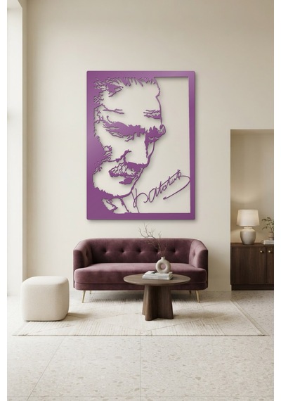 Atatürk Ve İmza Metal Duvar Tablosu - Duvar Sanatı - Duvar Dekoru - Mor
