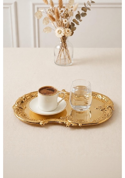 Bulut Gold İşlemeli Vintage Tepsi,şık Servis Tabağı-sunum Tepsisi Sunumluk 31 Cm Altın