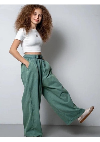 Zekids Kız Çocuk Kemerli Geniş Paça Gabardin Pantolon-15802 Yeşil