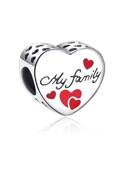 My Family Yazılı Kalp Boncuk Charm Gümüş