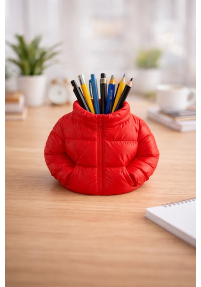 Puffer Jacket Masaüstü Kalemlik Dekoratif Ofis Organizer Hediyelik Kırmızı