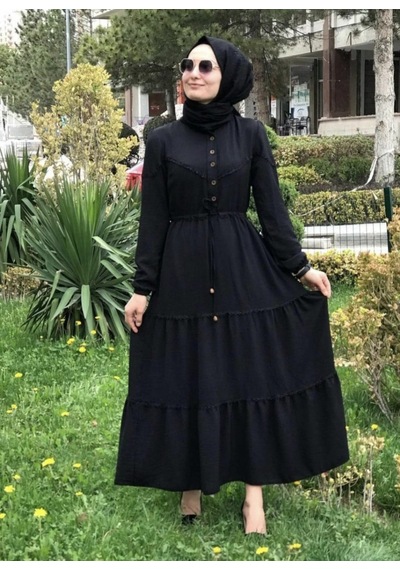 Hb Harma Time Butik Kadın Düğmeli Dantel Detaylı Beli Bağcıklı Ayrobin Siyah Elbise