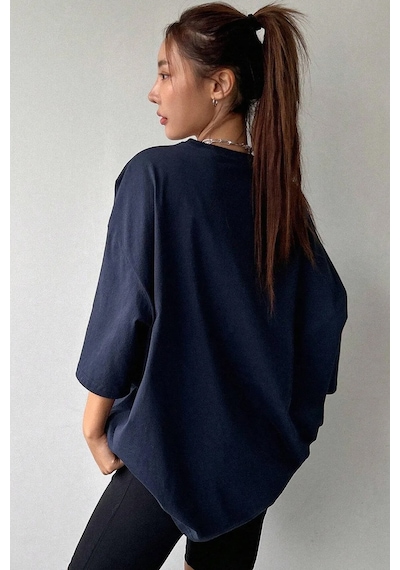 Fantastic Baskılı Unisex Oversize Tshirt Lacivert