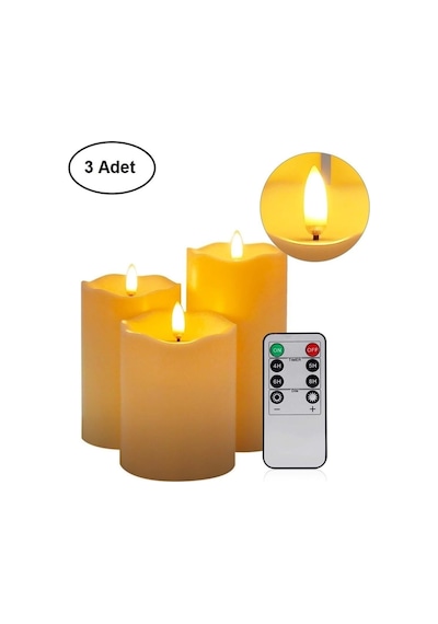 Plentiful Alevsiz Titreyen Led Mum Büyük Boy 3lü Set Kumandalı Beyaz