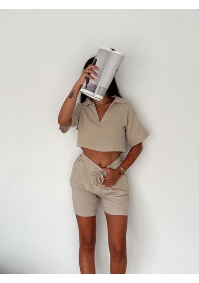 Hgfashion Crop Gömlek Şort Takım Bej Renk Bej