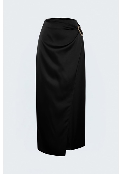 Sateen Toka Detaylı Saten Etek - Siyah-138053