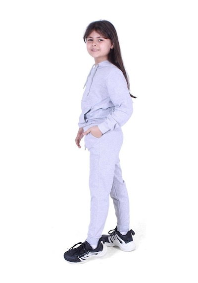 Fyk Kids Kapüşonlu Kanguru Cepli Düz Desen Kız Çocuk Alt-üst Takım Gri