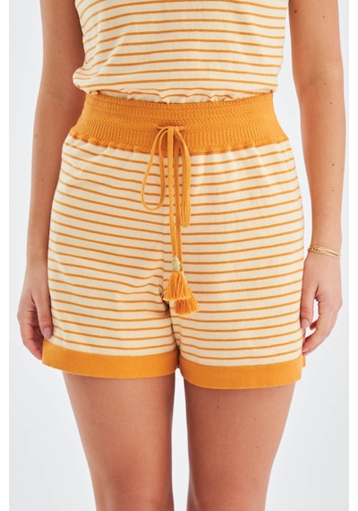 Peraluna Paru Top & Shorts Pamuklu Yazlık Kadın Triko Şort Takım Bej - Turuncu