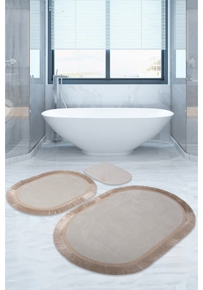 Bonny Home Pera Krem 3'lü Banyo Paspası Seti Kaymaz Tabanlı Krem