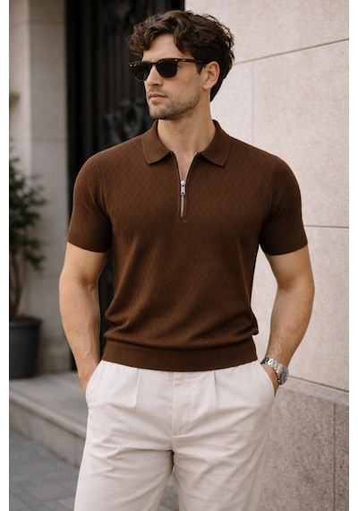 Erkek Fermuarlı Polo Yaka Triko Tişört Slim Fit Dokulu Yazlık Şık Casual Kahverengi
