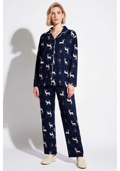 Benerly Kadın Gömlek Yaka Uzun Kol Regular Kalıp Polar Pijama Takımı Fonk lacivert
