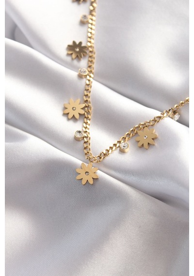 Ezoconcept 316l Çelik Taşlı Gold Renk Çoklu Çiçek Kolye