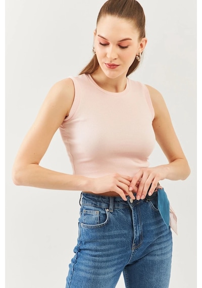 Butikgiz Kadın Sıfır Kol Bisiklet Yaka Vücuda Oturan %100 Pamuklu Kaşkorse Esnek Crop Bluz Pudra