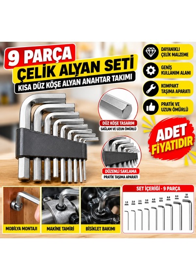 9 Parça Çelik Alyan Seti Kısa Düz Köşe Alyan Anahtar Takımı Aklby-bsva58 Diğer