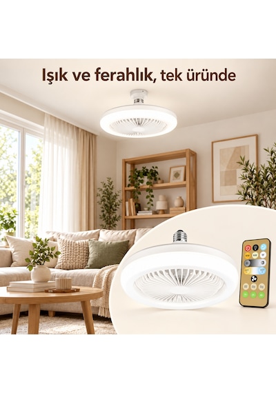 E27 Duylu Kumandalı Vantilatörlü Led Tavan Lambası