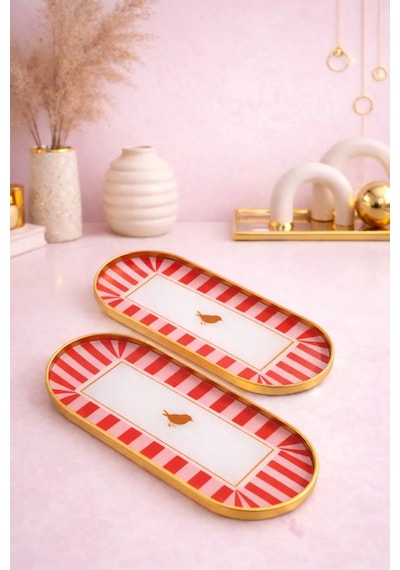 2 Kişilik Gold Sunum Servis Tepsisi Kuş Lovely Birds Desenli Tepsi Dekoratif Oval Açık Pembe