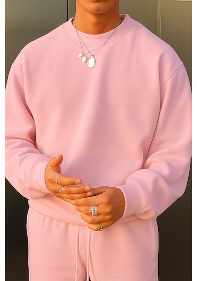 Benroma 3 İplik Penye Düz Erkek Baskılı Sweatshırt Pembe